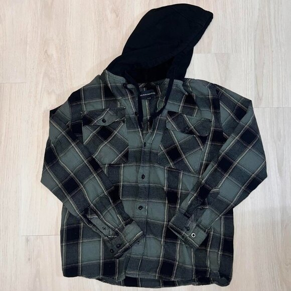 Black and Green Flannel Hooded Button Up - Picture 2 of 2